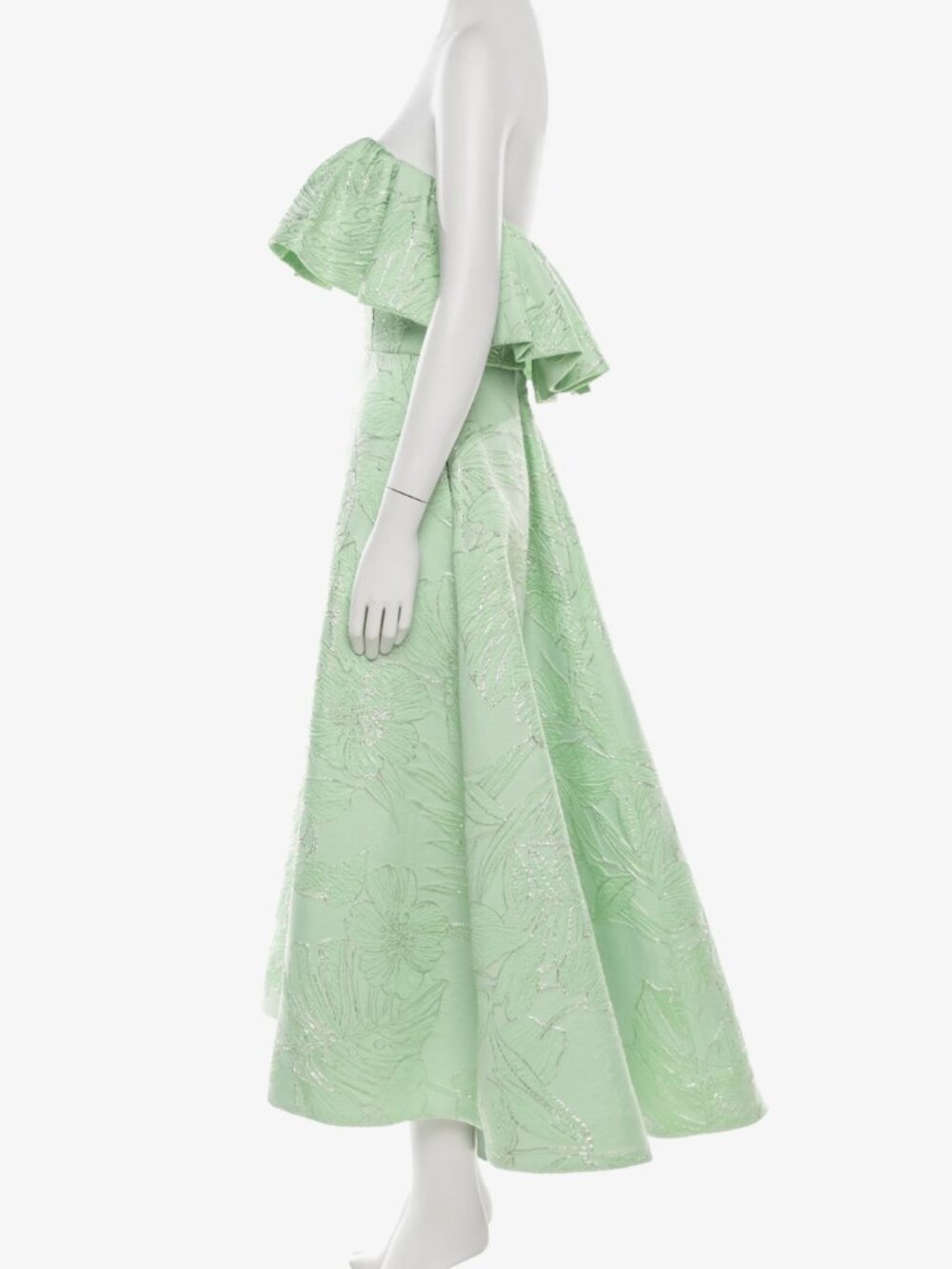Amsale Jacquard Green Floral Ruffle Cocktail Gown - Picture 2 of 7